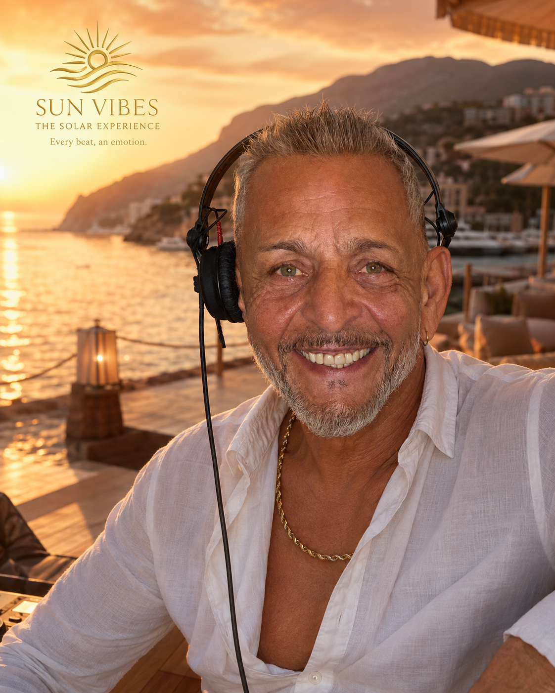 DJ-Set bei Sonnenuntergang in einem Beach Club