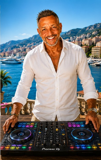 Tom DJ à la console, face au port de Monaco